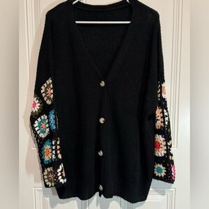 SHEIN Black Cardigan with Multicolor Crochet Sleeves